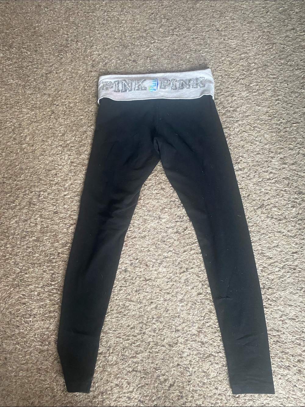 PINK Victoria's Secret Black Leggings with Silver Holographic Logo Waistband